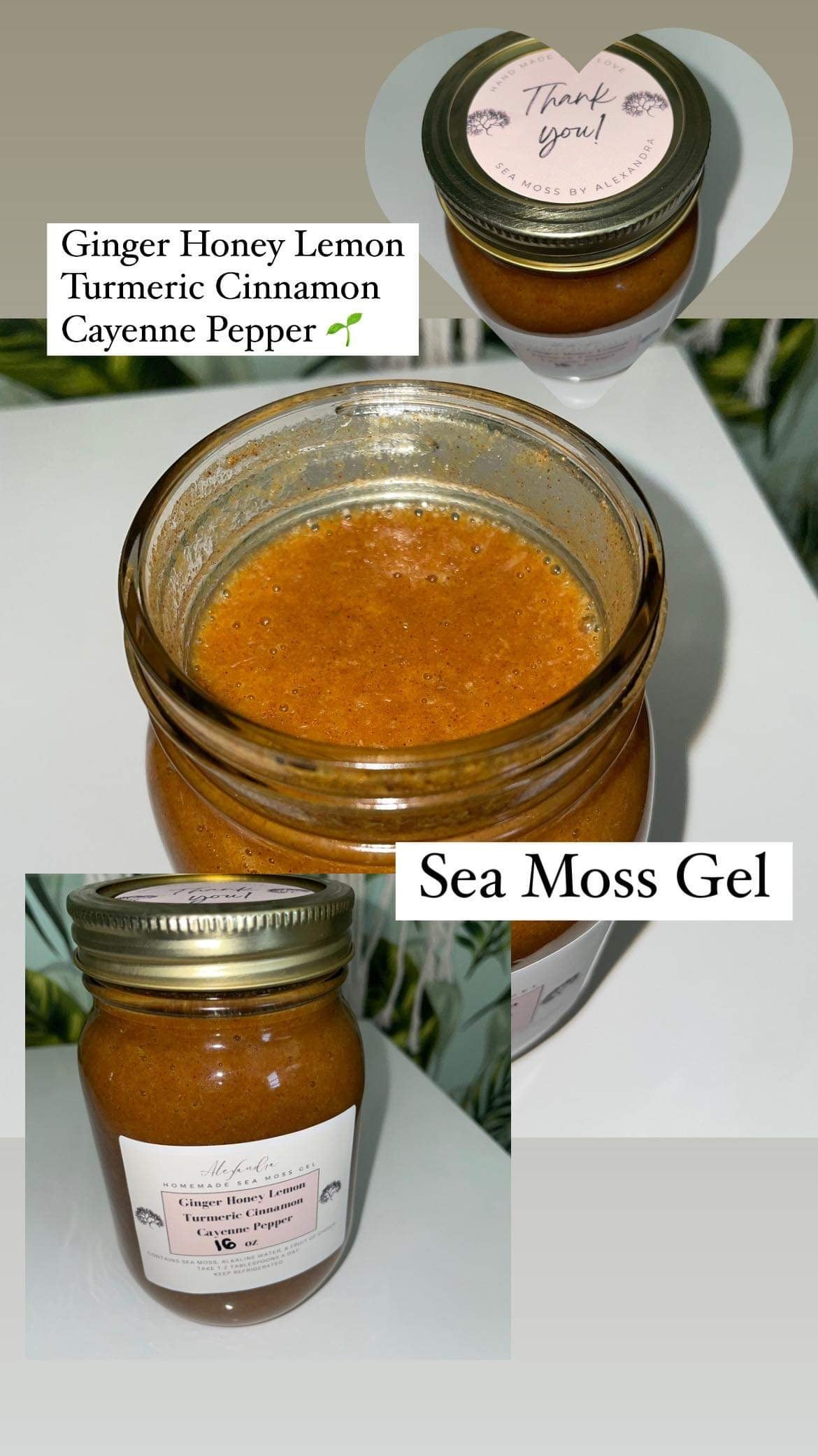 Ginger Honey Lemon Cayenne Pepper Cinnamon Turmeric Sea Moss Gel